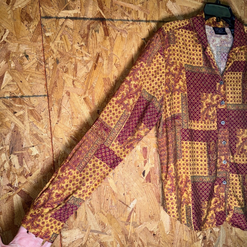 Crazy Horse Liz Claiborne Paisley Patchwork Button Blouse Top Boho Indie Rayon L - Picture 2 of 5